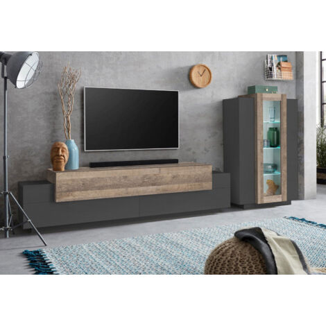 Parete Attrezzata Mobile TV e Vetrina 200x85x120,5 cm Coro Grigio Antracite Opaco/Rovere Wotan (1/4)