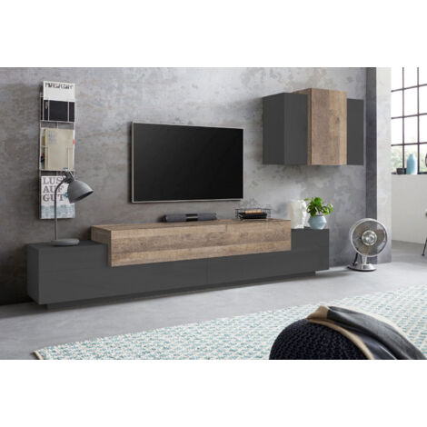 Parete Attrezzata Mobile TV e Pensile 240x45x51,5 cm Coro Grigio Antracite Opaco/Rovere Wotan