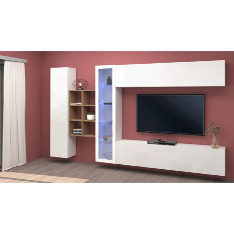 Parete Attrezzata Soggiorno 340x30x180 cm Maruska n°14 Bianco Lucido/Rovere Wotan (1/5)