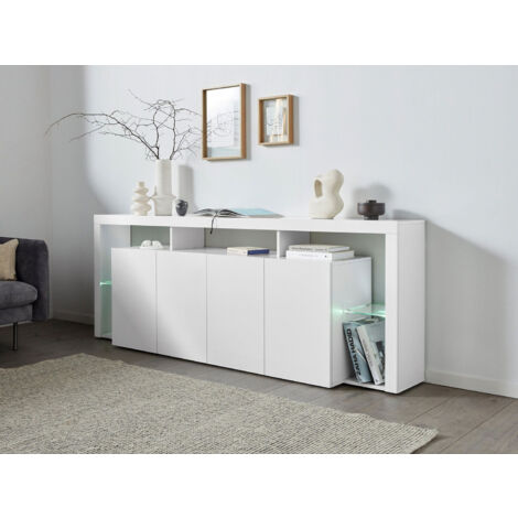 Credenza con 4 Ante e Ripiani in Vetro a Giorno 220x40x80 cm Essential 3A Bianco Lucido (1/5)