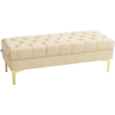 Panca Fondo Letto Imbottita con Rivestimento Trapuntato in Effetto Velluto 118x45x42 cm Beige