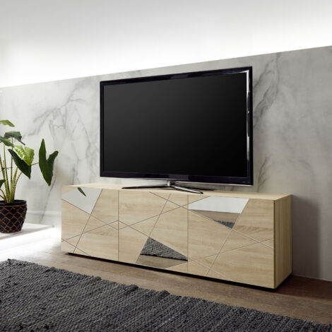 Mobile TV Moderno In Rovere 190x35x45 Cm – Con Due Ante Scorrevoli E Due Griglie Laterali, Design Minimal Con Manico In Ferro Nero