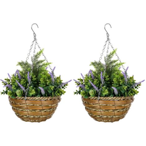 Set 2 Piante Artificiali di Lavanda Ø25x34 cm con Vaso e Gancio in PE e Vimini Verde e Viola (1/5)