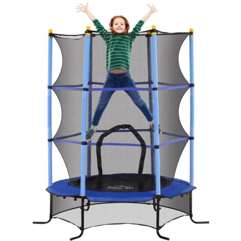 Tappeto Elastico per Bambini Ø163x190 cm con Rete di Sicurezza e Pali Imbottiti Età 3-10 Anni Blu