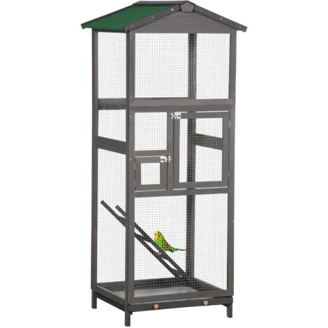 Gabbia per Uccelli Voliera Alta da Esterno 68x63x165 cm 2 Porte e Vassoio Estraibile in Legno Grigio Chiaro