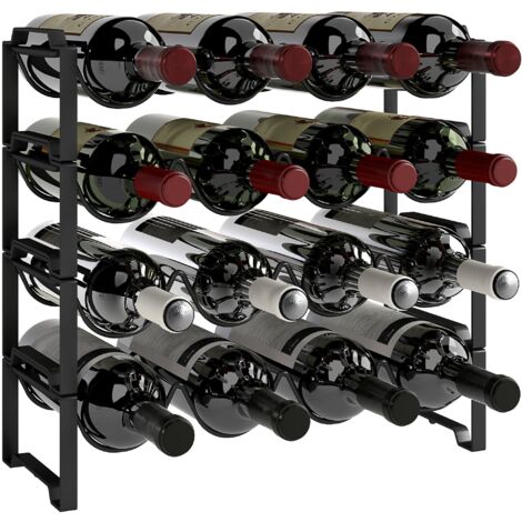 Portabottiglie a 4 Livelli a Onda 42.5x16,5x41 cm Impilabili per 16 Bottiglie in Metallo Nero