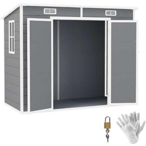 Casetta Box da Giardino 240x130 cm con Pavimento 2 Porte con Blocco e Finestra in Resina Grigio