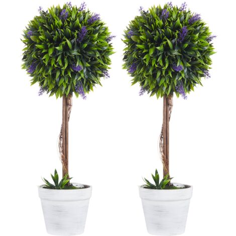 Set 2 Piante Artificiali Ø24x60 cm Verdi a Sfera con Fiori di Lavanda e Vaso con Muschio e Cemento (1/5)