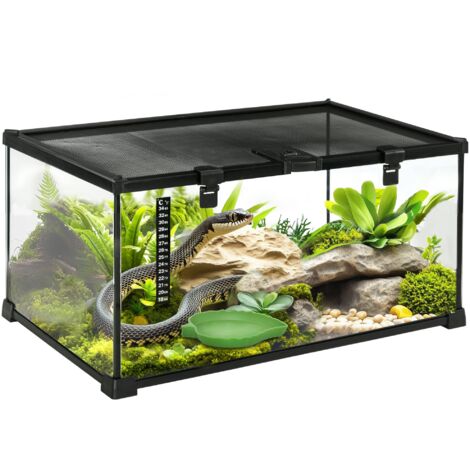 Terrario per Rettili Rialzato 50x30x25 cm con Serratura e Termometro in Vetro e Rete Metallica Nero