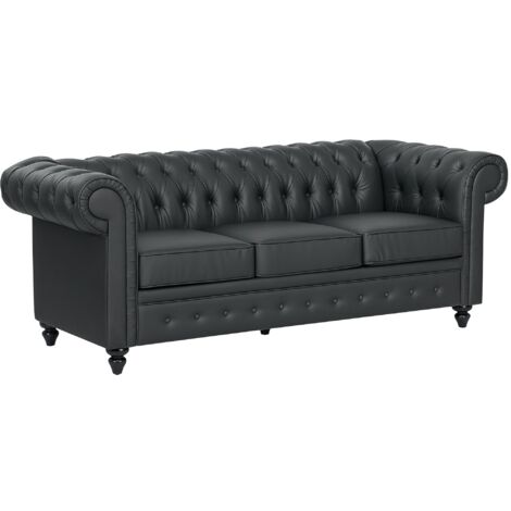 Divano 3 Posti Stile Chesterfield 213x86x79 cm a Molle Insacchettate in Finta Pelle Nero (1/5)