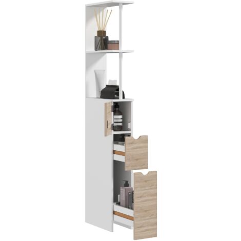 Mobile Colonna Bagno Salvaspazio 15x33x136 cm con Armadietto e Ripiani Legno e Bianco (1/5)