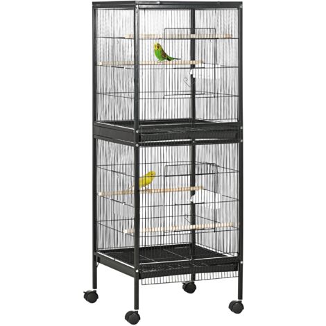 Gabbia Voliera per Uccelli per Interni 51,5x50x140 cm con Ruote e Vassoi Estraibili Nero