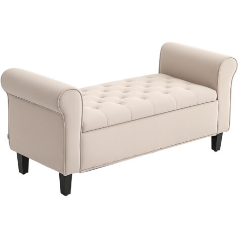 Panca Contenitore Fondoletto 126x48,5x57 cm con Braccioli Alti in Tessuto Effetto Velluto Beige