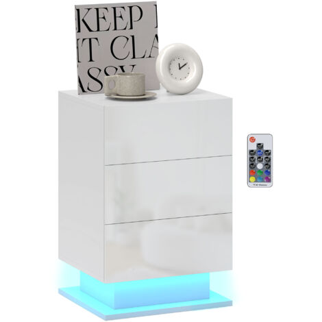Comodino Moderno a 3 Cassetti con Luce LED 40x35x60 cm Regolabile con Telecomando in Truciolato Bianco Lucido (1/5)