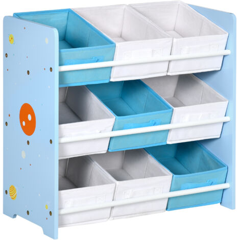 Mobiletto Portagiochi 63x30x60cm con 9 Cestini Rimovibili in MDF e Tessuto Azzurro (1/5)