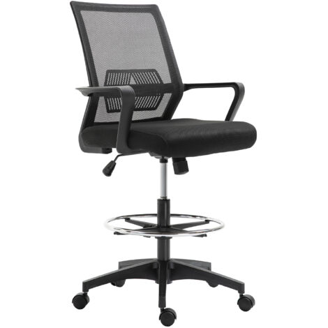 Sedia da Ufficio Regolabile con Braccioli e Anello Poggiapiedi 64x59x104-124 cm in Tessuto a Rete Nero (1/5)