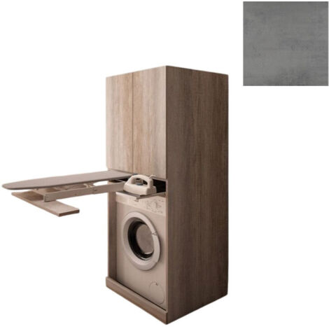 Mobile Lavanderia a Colonna per Lavatrice con Asse da Stiro e Ante Superiori 70x70x174A cm in Nobilitato Unika Grigio Cemento