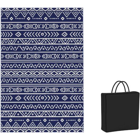 Tappeto da Esterno Reversibile 182x274 cm con Motivo Geometrico e Borsa Inclusa Blu e Bianco (1/5)