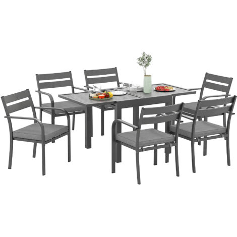 Set da Giardino con Tavolo Allungabile e 6 Sedie Impilabili con Cuscini Grigio (1/5)