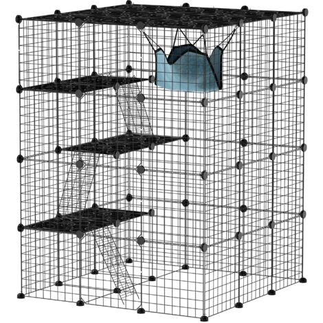 Box Recinto per Gatti Modulabile a 4 Livelli 105x105x140 cm 5 Ingressi e Rampe in Acciaio e PP Nero
