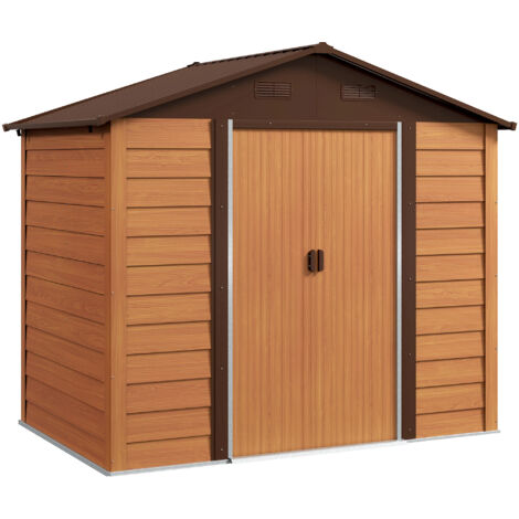 Casetta da Giardino Porta Attrezzi con Doppia Porta Scorrevole 236x196x208 cm con Pannelli in Acciaio Effetto Legno Marrone
