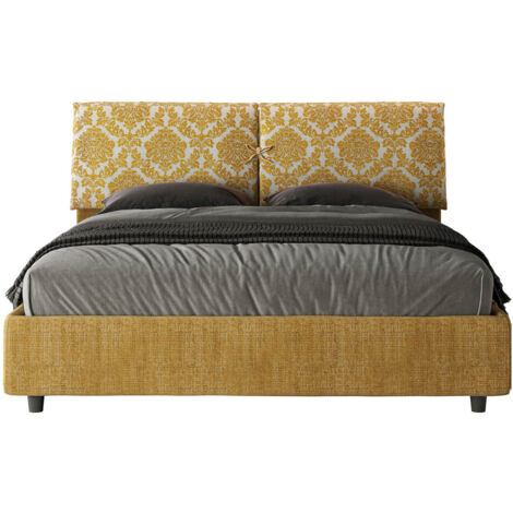 Letto Matrimoniale 160x210 cm con Rete e Contenitore con Testata e Alzata Comoda Imbottito in Tessuto Agata Mados Giallo (1/5)