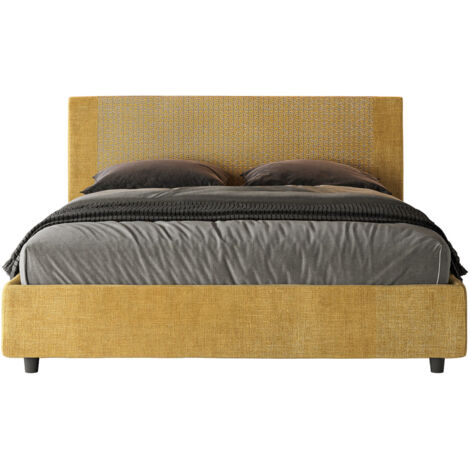 Letto Matrimoniale 160x200 cm con Rete e Contenitore con Testata e Alzata Comoda Imbottito in Tessuto Labirinto Rosal Giallo (1/5)