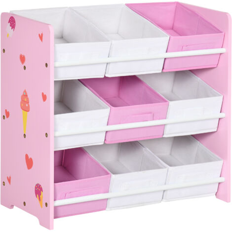 Scaffale Portagiochi per Bambini 63x30x60 cm con 9 Cestini in Tessuto in MDF Rosa e Bianco (1/5)