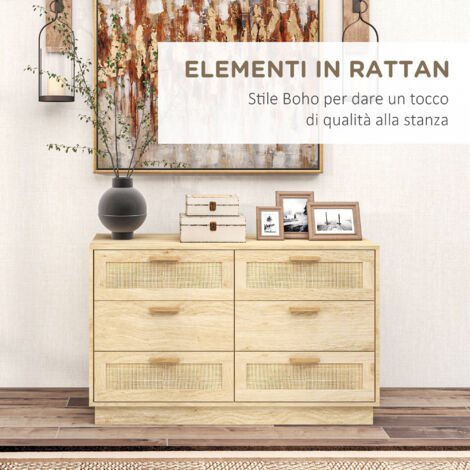 Cassettiera con 6 cassetti 100 cm, cassettiera in rattan, cassetti con