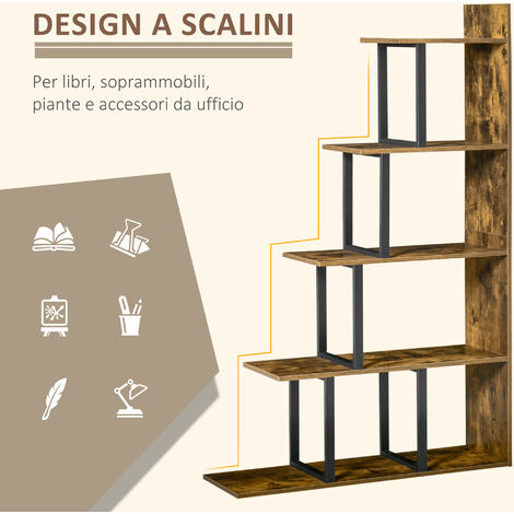 Shintenchi Libreria Industriale 5 Ripiani 3 Colonne – Scaffale Grande In Metallo E Legno, Marrone Rustico