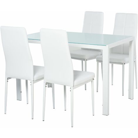 Set da Pranzo Tavolo con Piano in Vetro e 4 Sedie in Metallo e Similpelle Bianco
