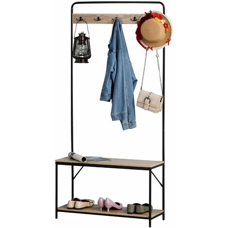 Panca industriale da ingresso con appendiabiti e scarpiera, stile rustico, albero da ingresso con grande supporto per cappelli e mensola, facile da montare, albero appendiabiti per piccoli spazi