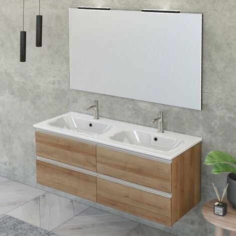 Mobile Bagno Sospeso 120 cm Doppio Lavabo e Specchio Bonussi Fenice Rovere  Farnia