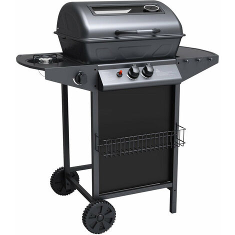 Barbecue a Gas GPL 2 Fuochi a Pietra Lavica con Fornello Laterale Nero