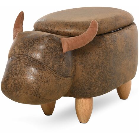 Pouf Poggiapiedi a Forma di Bufalo 62x35x36 cm in Tessuto Effetto Pelle Scamosciata Marrone