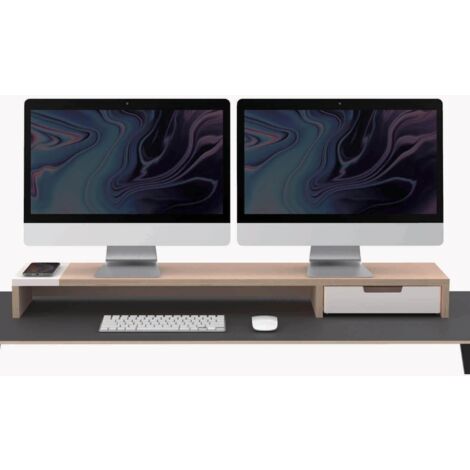 Supporto per Doppio Monitor da Scrivania 100x20x9 cm con Entrata USB e Base di Ricarica Wireless