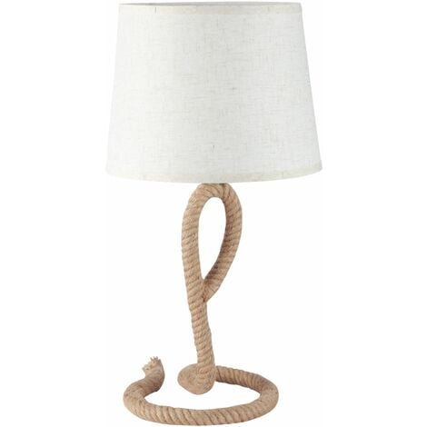 Lampada da Comodino Abat jour Ø30x56 cm in Corda e Tessuto Beige e Bianco
