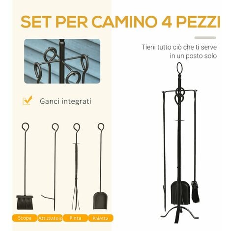 Set Attrezzi per Camino 5 Pezzi in Metallo Nero