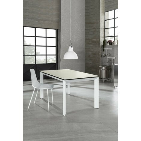 Tavolo Allungabile 140/220x90x75 cm in Metallo con Top Ceramica su Vetro  Bianco