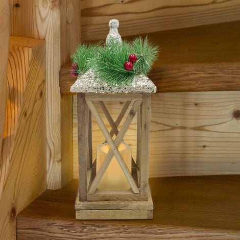 Lanterna con lumino di Natale in legno con luce led e glitter