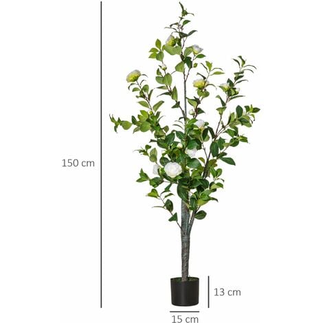 Pianta Artificiale Albero Camelia H150 cm con Vaso Verde e Bianco