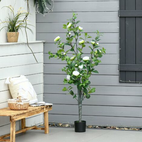 Pianta Artificiale Albero Camelia H150 cm con Vaso Verde e Bianco