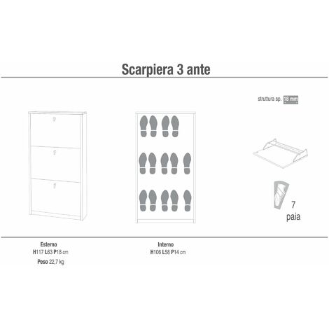 Scarpiera 3 Ante 63x117x18 cm Ossido Bianco