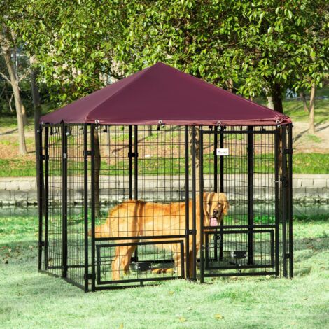 Recinto per Cani da Esterno con Serratura 141x141x153 cm 2 Ciotole Girevoli e Copertura Rimovibile Nero e Rosso