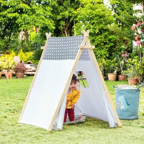 Tenda Indiana per Bambini 130x111x136 cm in Legno e Poliestere Grigia e  Bianca