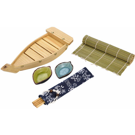 Set Sushi con Barca in Legno Bacchette e Tappetino in Bambù (1/2)