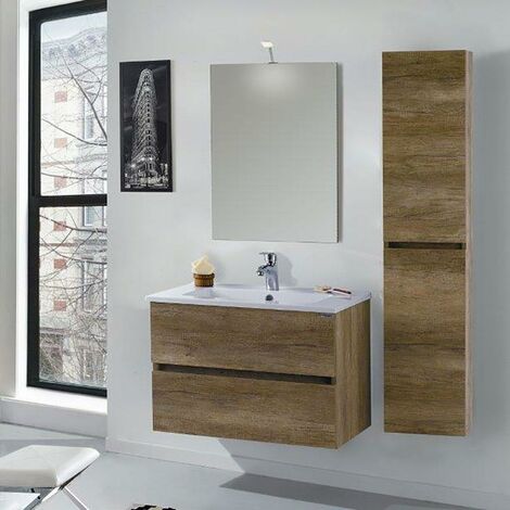 Mobile da Bagno Sospeso con Colonna Mazzoni Maiorca Light Noce Chiaro Frassinato P18x70 cm (1/4)