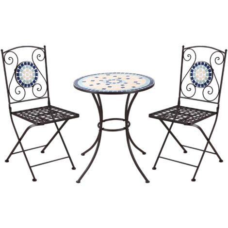 Set Tavolo Mosaico 80 Cm Con 2 Sedie Pieghevoli In Acciaio E Ceramica