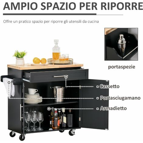 Carrello da Cucina 109x40x89 cm in Legno Nero