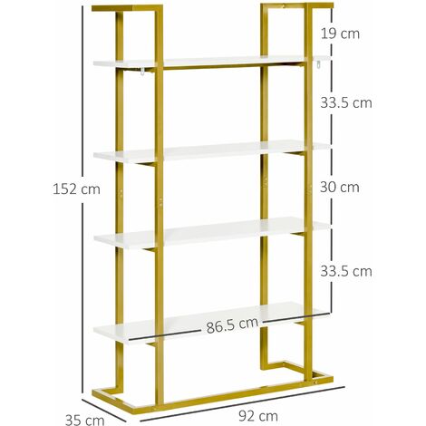 Libreria 4 Ripiani 92x35x152 cm in MDF e Acciaio Bianco e Oro